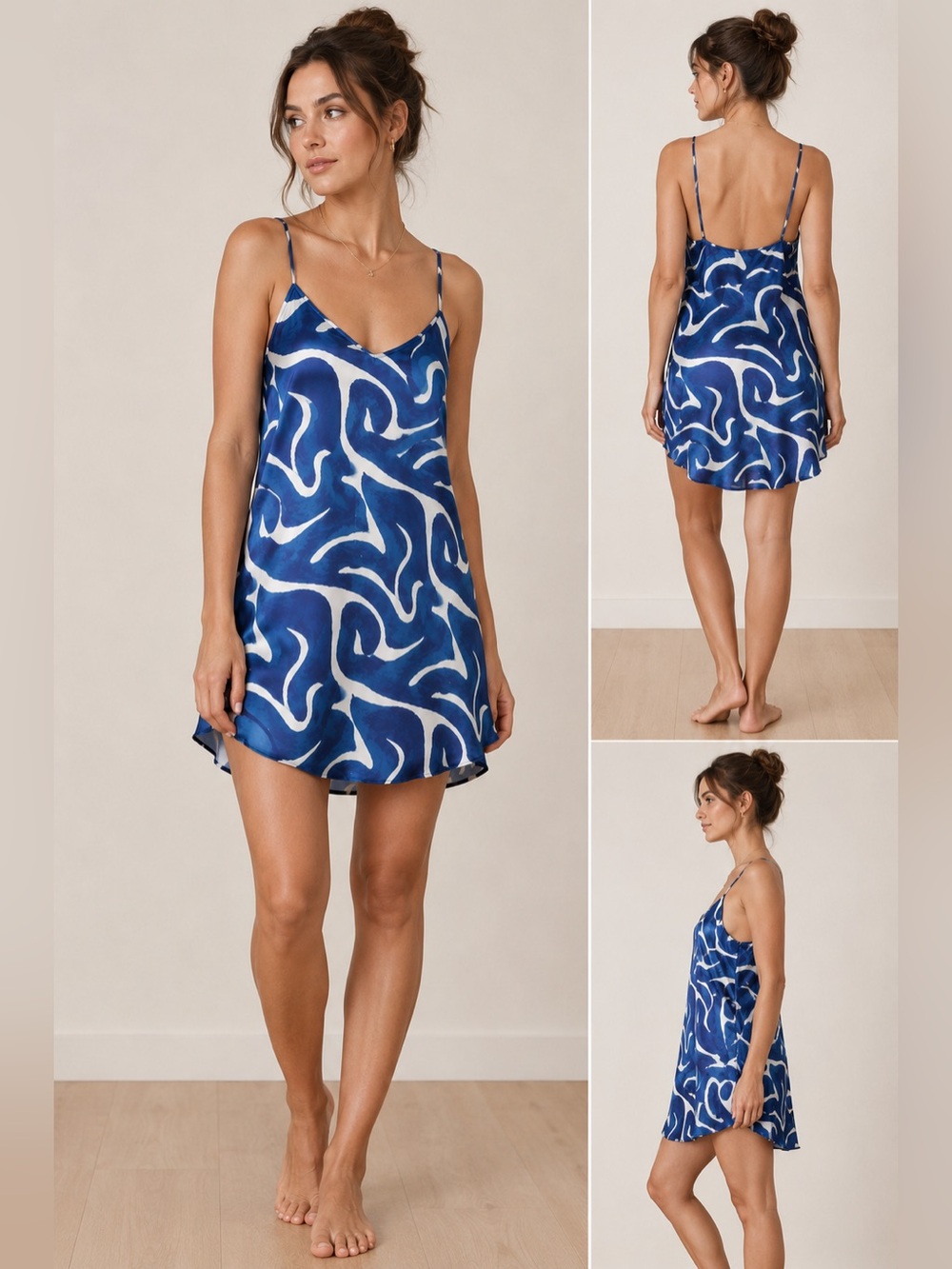 Averie Blue Abstract Satin Slip Nightgown Chemise Dress Size S